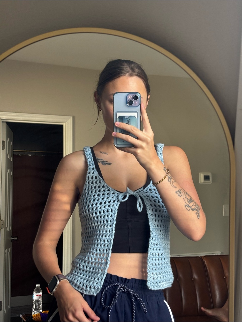 Handmade Light Blue Crochet Vest with Tie Front